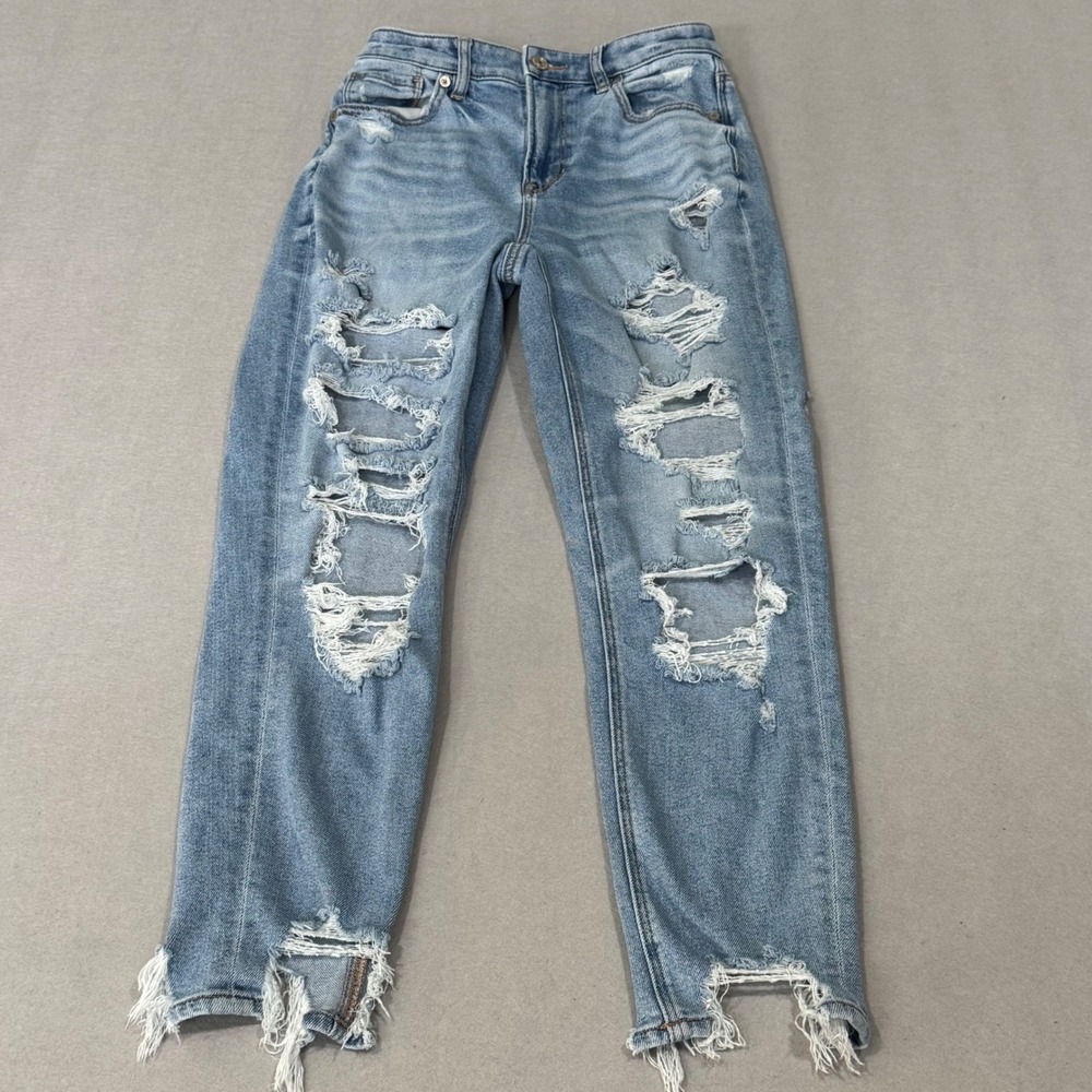 American Eagle Mom Jean Women Size 2 Blue Distressed High Rise‎ Stretch Frayed